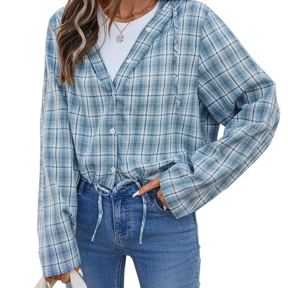 New Olrain Womens Long Sleeve Classic Plaid Shirt Blue Small - Picture 1 of 1